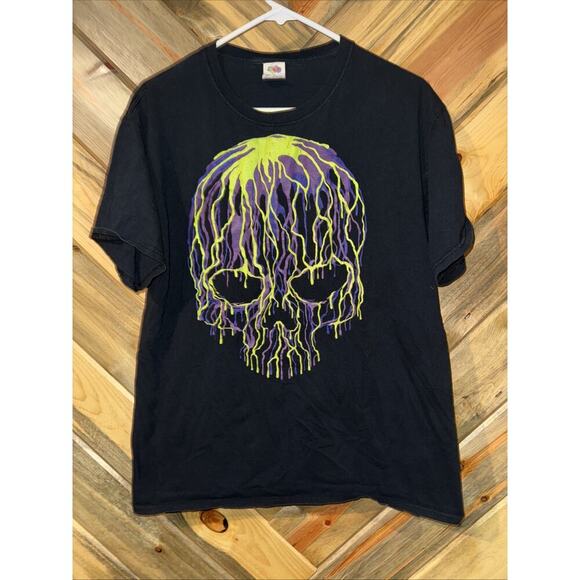 VTG L Dripping Neon Skull Black T-Shirt Street wear Gothic Y2K - Picture 1 of 4